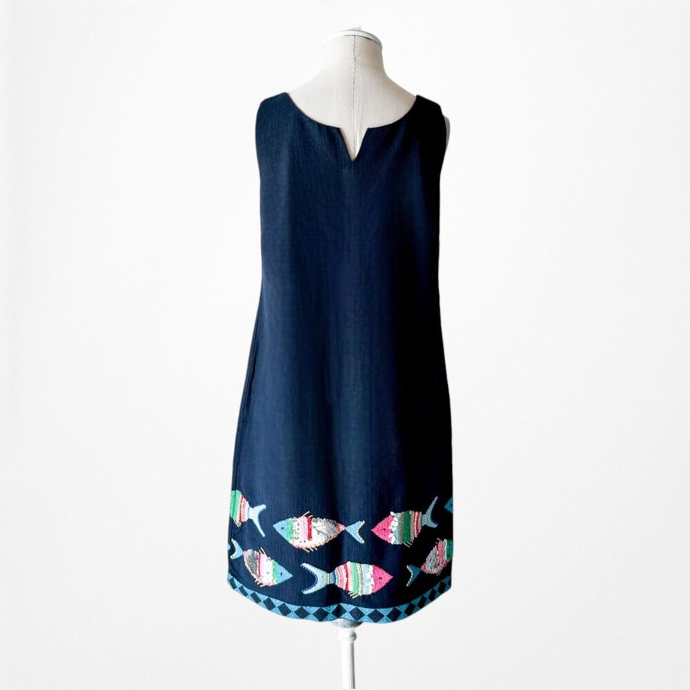 Vintage Y2K 90s Navy Blue Knee Length Tropical Print Casual Shift Dress Size M - Picture 6 of 9